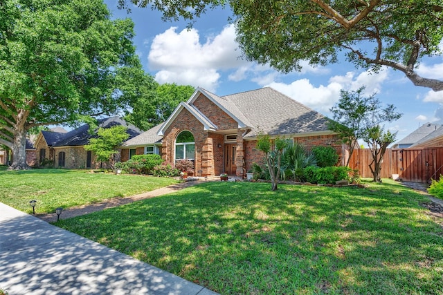 view of front of home with a front lawn, a shingled roof, brick siding, and fence