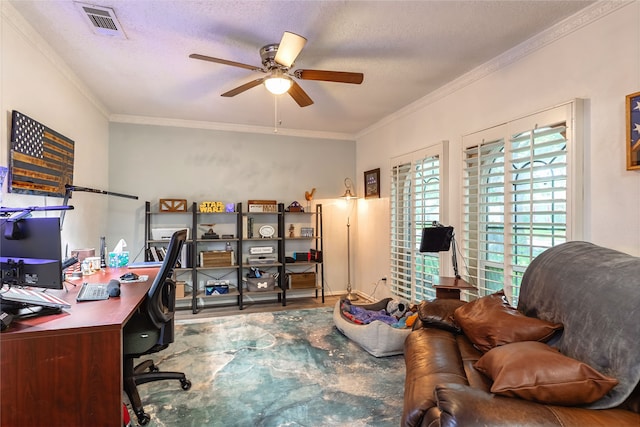 1307 S Westador Dr, Arlington, TX 76015 - office space with ceiling fan, ornamental molding, a textured ceiling, and wood finished floors
