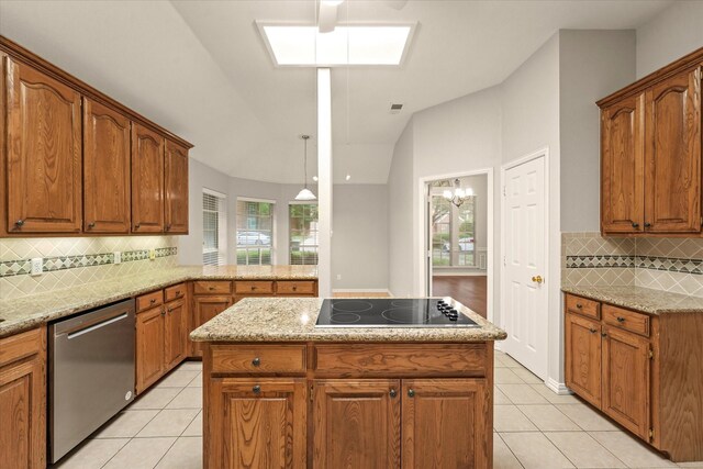 kitchen featuring stainless steel dishwasher, black electric cooktop, light tile patterned flooring, backsplash, and vaulted ceiling