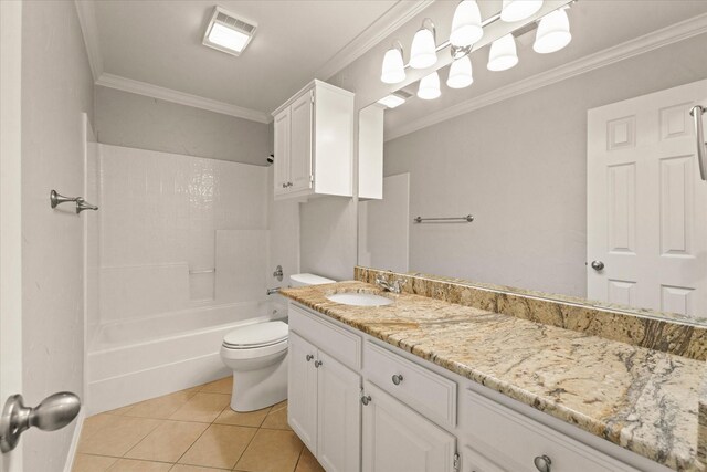 bathroom featuring vanity, toilet, tile patterned floors, ornamental molding, and bathtub / shower combination