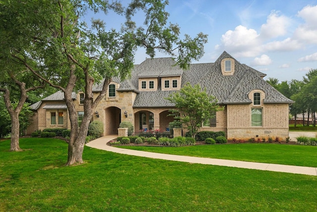 120 Quiet Hill Cir, Copper Canyon, TX 76226 - french country home with a front yard, stone siding, and brick siding