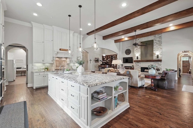 120 Quiet Hill Cir, Copper Canyon, TX 76226 - kitchen with arched walkways, a ceiling fan, white cabinets, recessed lighting, and dark wood-style floors