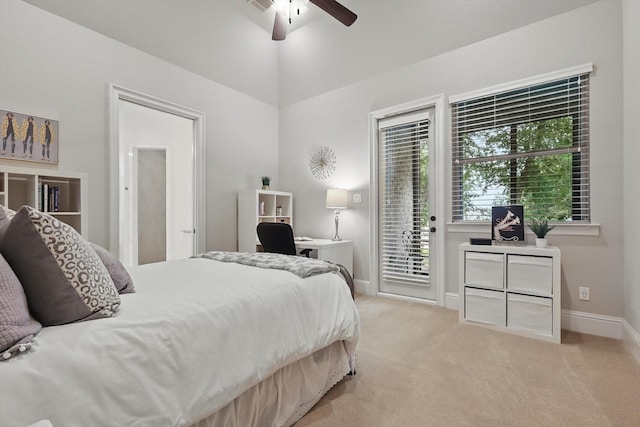 120 Quiet Hill Cir, Copper Canyon, TX 76226 - bedroom featuring access to outside, carpet floors, a desk, a ceiling fan, and vaulted ceiling