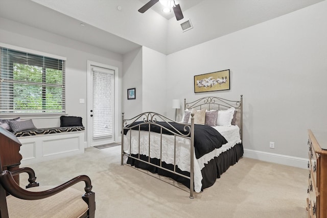 120 Quiet Hill Cir, Copper Canyon, TX 76226 - bedroom featuring carpet floors, access to exterior, ceiling fan, and lofted ceiling
