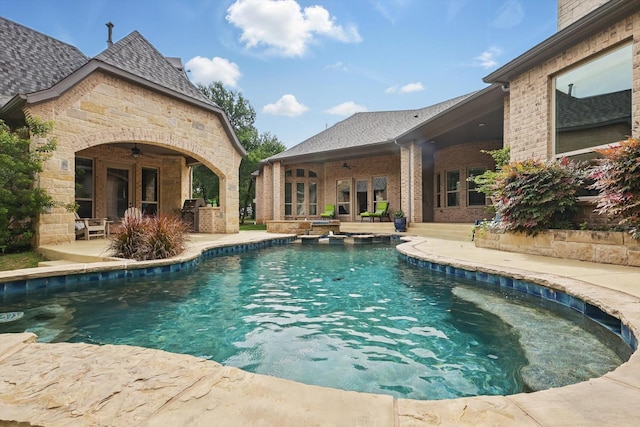 120 Quiet Hill Cir, Copper Canyon, TX 76226 - swimming pool with a ceiling fan, a patio area, and a grill
