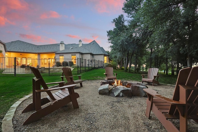 120 Quiet Hill Cir, Copper Canyon, TX 76226 - patio terrace at dusk featuring an outdoor fire pit