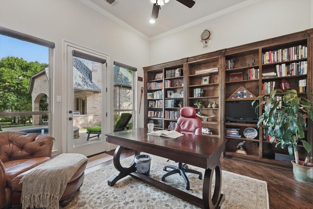 120 Quiet Hill Cir, Copper Canyon, TX 76226 - office space with crown molding, wood finished floors, and a ceiling fan