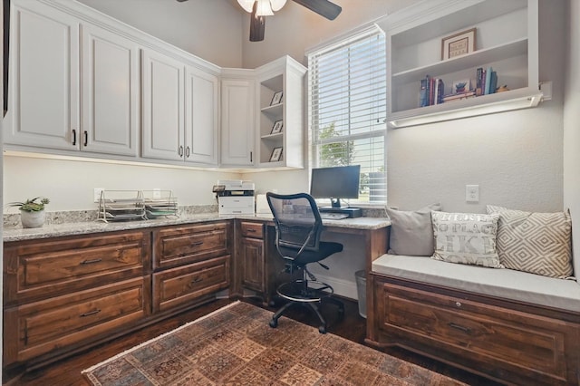 120 Quiet Hill Cir, Copper Canyon, TX 76226 - office area with built in study area, a ceiling fan, and dark wood-type flooring