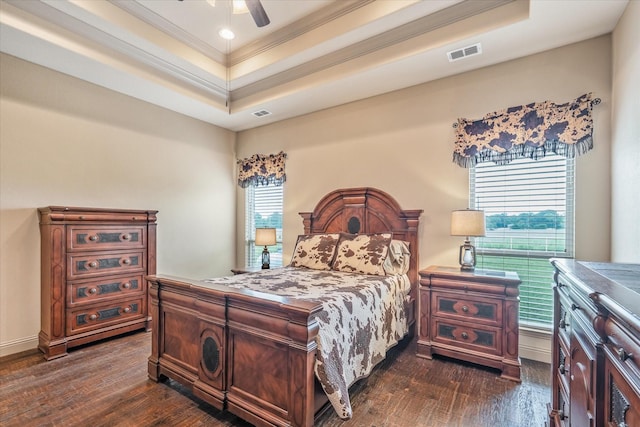 360 Rs County Road 3419, Emory, TX 75440 - bedroom with a tray ceiling, dark wood finished floors, crown molding, a ceiling fan, and recessed lighting