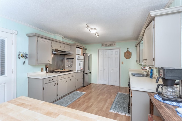 801 Dalton Dr, Princeton, TX 75407 - kitchen featuring under cabinet range hood, appliances with stainless steel finishes, ornamental molding, and a sink