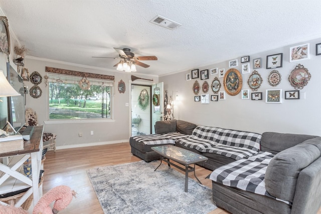 801 Dalton Dr, Princeton, TX 75407 - living area featuring a textured ceiling, a ceiling fan, visible vents, and wood finished floors