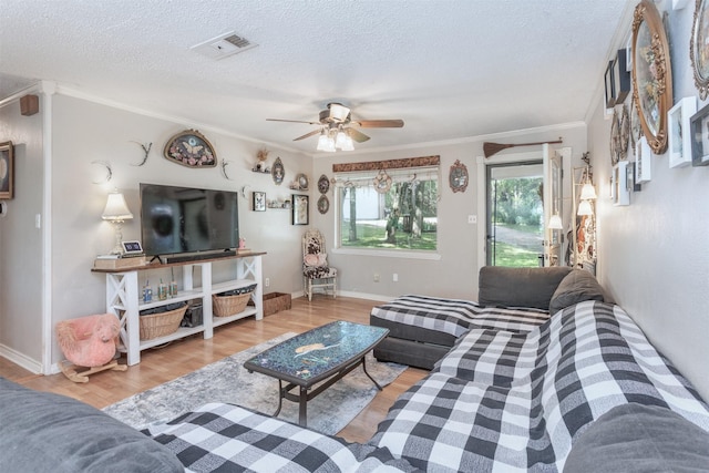 801 Dalton Dr, Princeton, TX 75407 - living room featuring a textured ceiling, ceiling fan, visible vents, crown molding, and wood finished floors