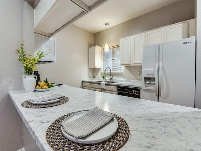 5550 Spring Valley Rd Unit F12, Dallas, TX 75254 - kitchen with white fridge with ice dispenser, dishwasher, a sink, white cabinetry, and decorative light fixtures