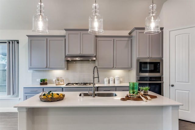 1451 Silver Sage Dr, Haslet, TX 76052 - kitchen featuring stainless steel appliances, gray cabinets, a sink, and light countertops