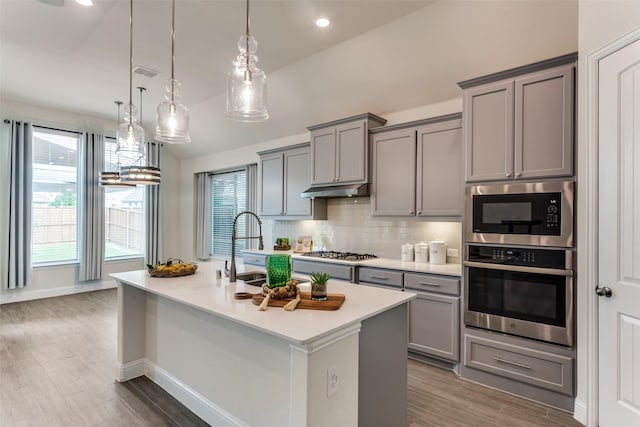 1451 Silver Sage Dr, Haslet, TX 76052 - kitchen with stainless steel appliances, gray cabinets, light countertops, vaulted ceiling, and recessed lighting