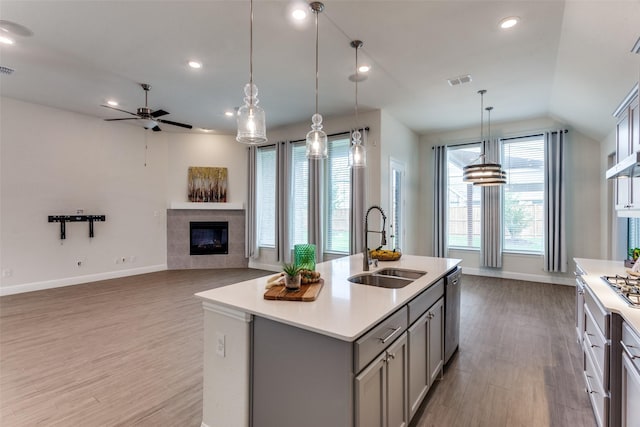 1451 Silver Sage Dr, Haslet, TX 76052 - kitchen featuring gray cabinetry, a sink, light wood-style flooring, plenty of natural light, and recessed lighting