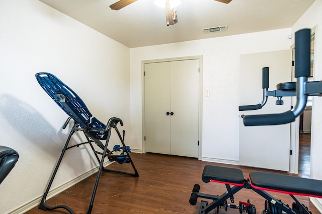 2100 Albert Broadfoot, Bonham, TX 75418 - exercise room featuring a ceiling fan, dark wood-style floors, and baseboards