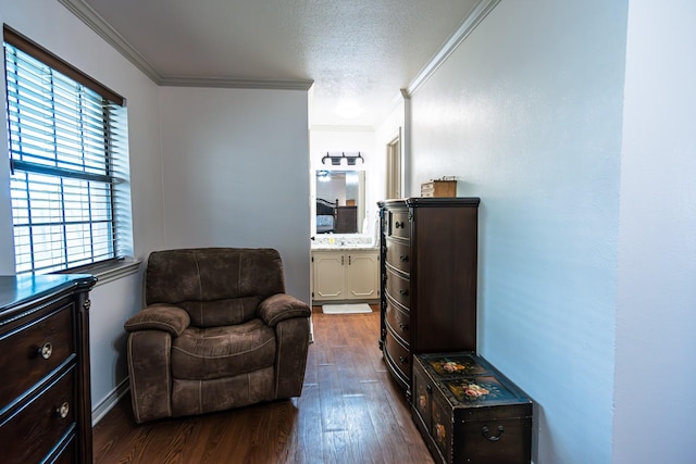 2100 Albert Broadfoot, Bonham, TX 75418 - sitting room featuring ornamental molding, dark wood-style flooring, and a textured ceiling