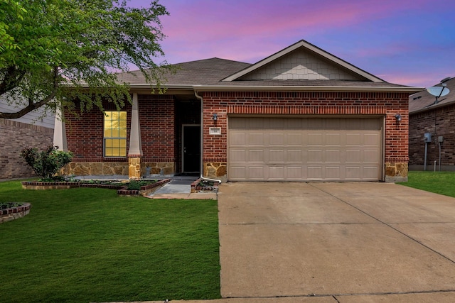 2313 Angoni Way, Fort Worth, TX 76131 - single story home featuring an attached garage, concrete driveway, a front lawn, brick siding, and roof with shingles