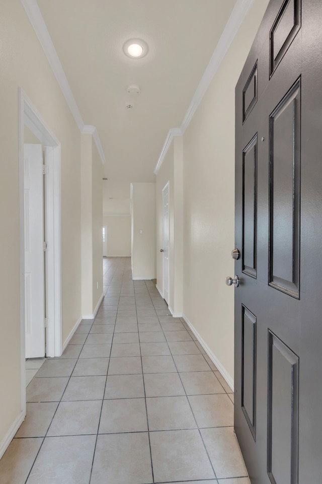 2313 Angoni Way, Fort Worth, TX 76131 - hall with baseboards, light tile patterned flooring, and ornamental molding