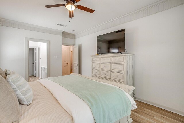3711 Winding Way, Granbury, TX 76049 - bedroom featuring a ceiling fan, baseboards, ornamental molding, light wood finished floors, and visible vents