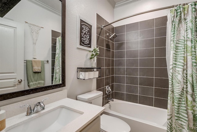 3711 Winding Way, Granbury, TX 76049 - bathroom with vanity, toilet, crown molding, and shower / bathtub combination with curtain