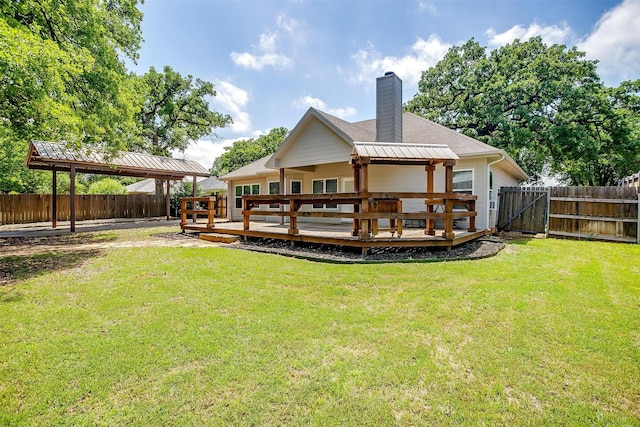 3711 Winding Way, Granbury, TX 76049 - rear view of property with a yard, a chimney, a gazebo, a wooden deck, and a fenced backyard