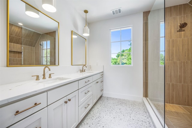 2212 Ridge Crest Dr, Richardson, TX 75080 - bathroom with a sink, a walk in shower, baseboards, and visible vents