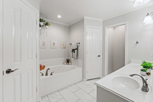 10121 Fireside Ln, Forney, TX 75126 - bathroom featuring ornamental molding, a garden tub, and a sink