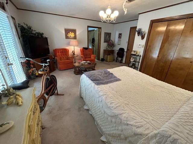 bedroom featuring a notable chandelier, a closet, and carpet floors
