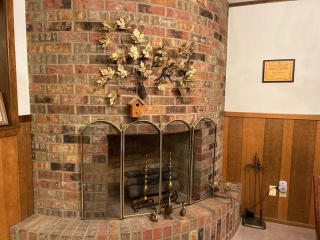 interior details with a fireplace, wainscoting, and wooden walls