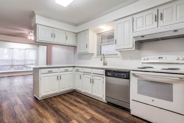 2 Preston Trail Ct, Pantego, TX 76013 - kitchen with white electric range oven, a peninsula, a sink, stainless steel dishwasher, and under cabinet range hood