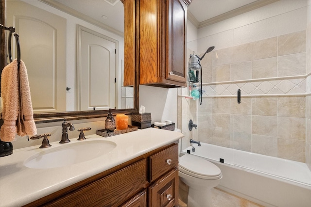 bathroom with crown molding, toilet, tub / shower combination, and vanity