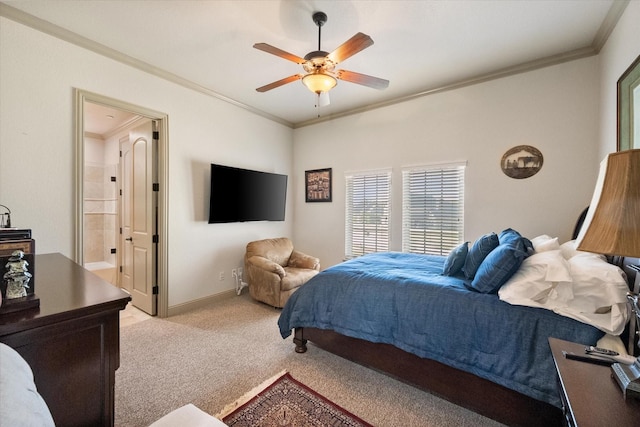 bedroom featuring a ceiling fan, ornamental molding, light colored carpet, and baseboards