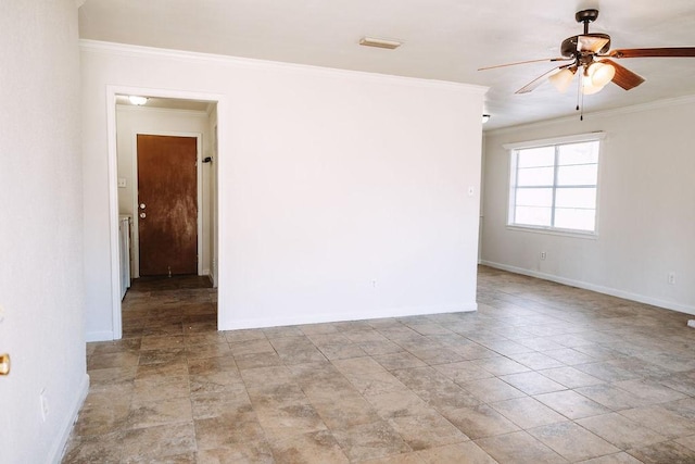 521 E 8th St, Bonham, TX 75418 - spare room with baseboards, crown molding, visible vents, and ceiling fan