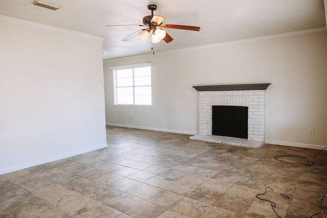 521 E 8th St, Bonham, TX 75418 - unfurnished living room with ceiling fan, visible vents, baseboards, and ornamental molding