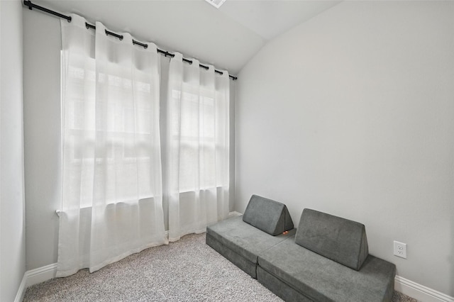 3045 Hamilton St, Plano, TX 75075 - sitting room with carpet flooring, vaulted ceiling, and baseboards