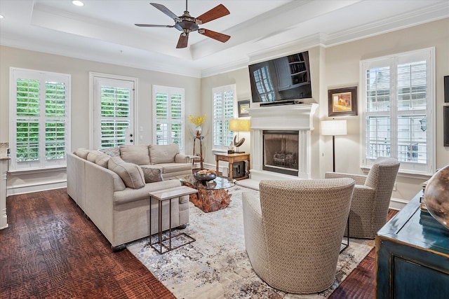 living room featuring ornamental molding, a tray ceiling, ceiling fan, and a fireplace with raised hearth