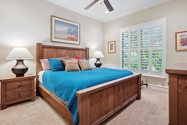 carpeted bedroom with multiple windows, recessed lighting, ceiling fan, and crown molding