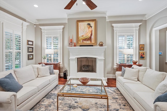 living room featuring a healthy amount of sunlight, a fireplace, and wood finished floors