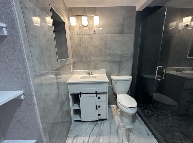 414 Ussery, Bowie, TX 76230 - full bathroom featuring a shower stall, marble finish floor, vanity, and toilet