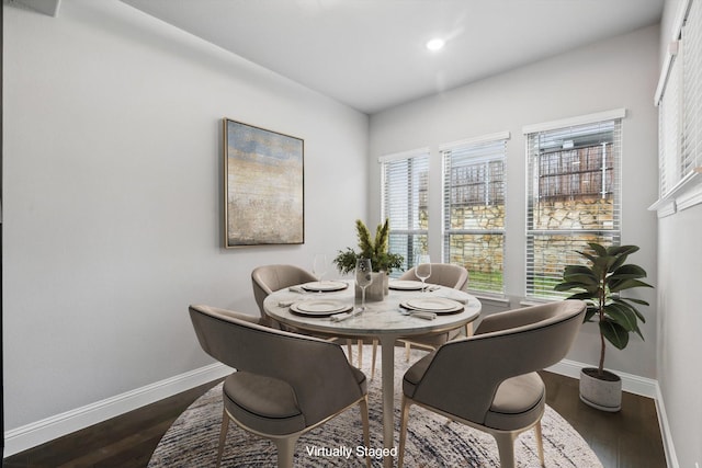 13101 Scissortail Dr, Frisco, TX 75035 - dining room with baseboards, dark wood-type flooring, and recessed lighting