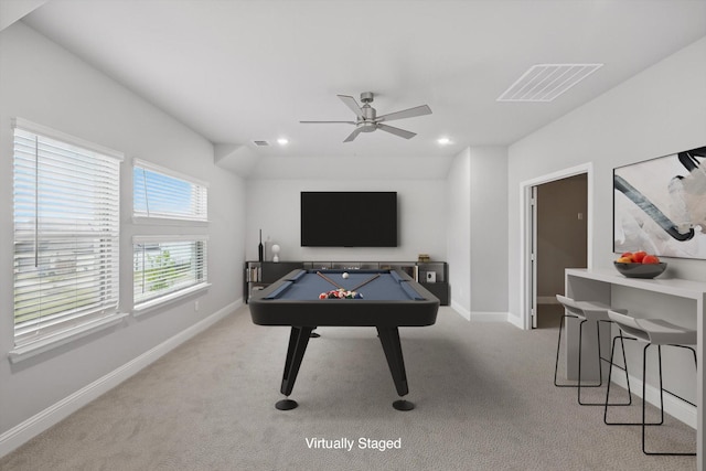 13101 Scissortail Dr, Frisco, TX 75035 - game room featuring billiards table, a ceiling fan, carpet, baseboards, and recessed lighting