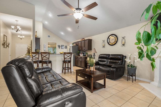 6113 Tilapia Dr, Fort Worth, TX 76179 - living room featuring ceiling fan, light tile patterned floors, a chandelier, baseboards, and high vaulted ceiling