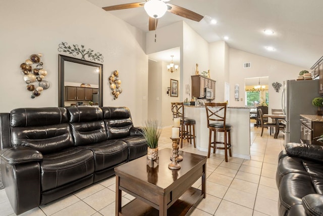 6113 Tilapia Dr, Fort Worth, TX 76179 - living room with a chandelier, light tile patterned flooring, ceiling fan, high vaulted ceiling, and recessed lighting