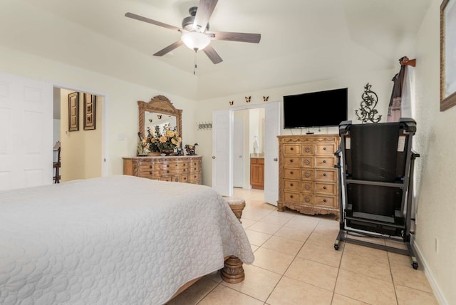 6113 Tilapia Dr, Fort Worth, TX 76179 - bedroom featuring light tile patterned floors, ceiling fan, and connected bathroom