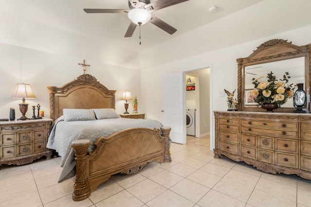 6113 Tilapia Dr, Fort Worth, TX 76179 - bedroom featuring washer / dryer, light tile patterned flooring, and a ceiling fan