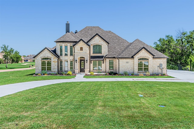621 E Fm 550, Mclendon Chisholm, TX 75032 - french country home featuring roof with shingles, a chimney, stone siding, and a front yard
