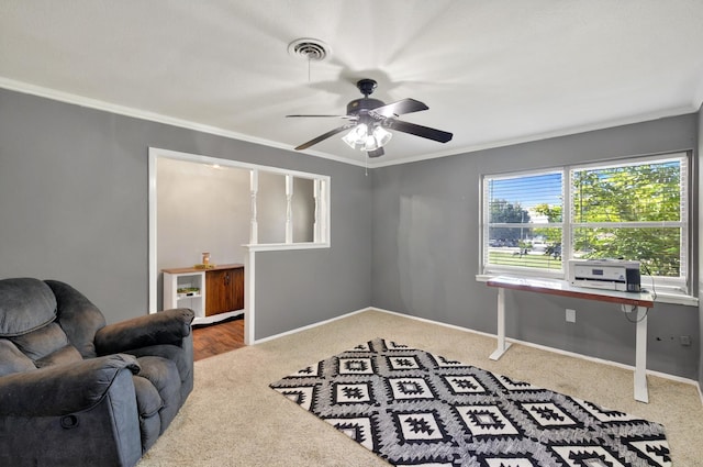 1601 E Bankhead Dr, Weatherford, TX 76086 - home office with carpet floors, ceiling fan, ornamental molding, and baseboards