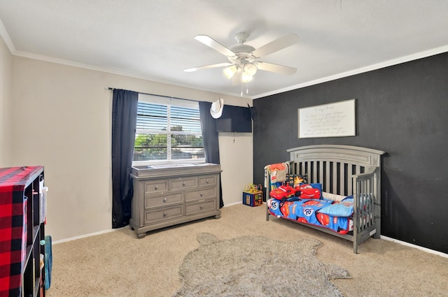 1601 E Bankhead Dr, Weatherford, TX 76086 - bedroom featuring carpet flooring, ornamental molding, baseboards, and a ceiling fan